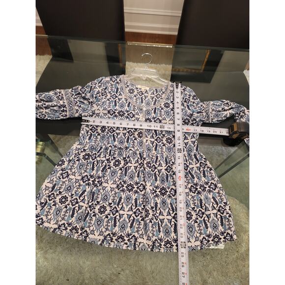 Max Studio Blouse Women's Small Blue White Boho Print Long Sleeve Peasant Top - Picture 13 of 13